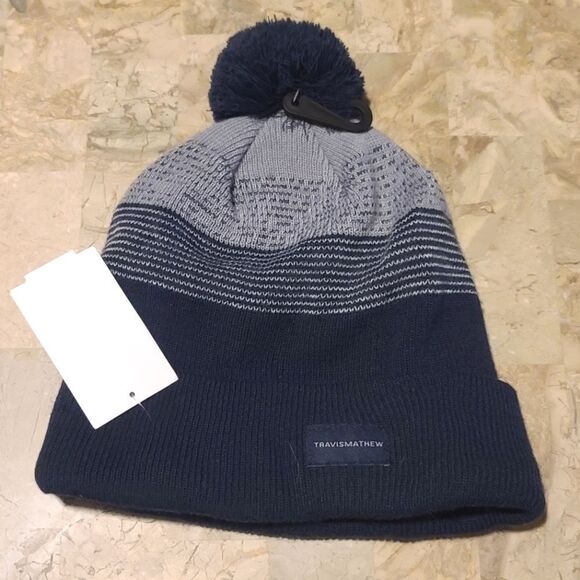 Travis Matthew Beanie Ski Hat with Pom navy Blue New - Picture 1 of 5